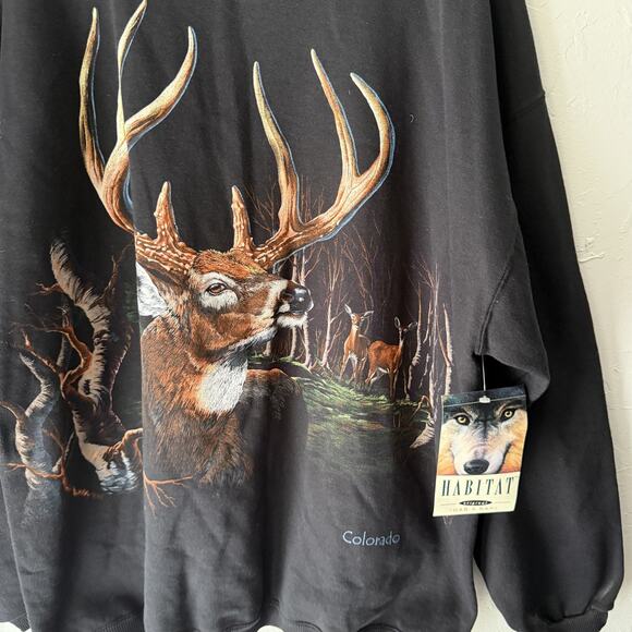 Vintage Habitat Sweatshirt Mens XL Black Deer Buck Graphic Crewneck Made USA 90s - Picture 2 of 6